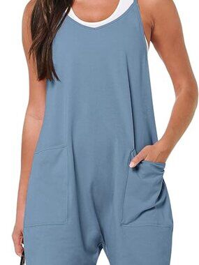 Anrabess Womens Dusty Blue Strappy Romper Jumpsuit Overalls with Pockets